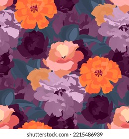 Vector floral seamless pattern. Illustration with burgundy, violet, purple, orange color garden flowers, blue lives on burgundy background.