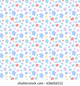 Vector floral seamless pattern. Illustration of little cute colored flowers. Blue, pink, violet, and yellow, red florets on the light background