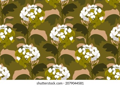 Patrón vector floral sin soldadura. Inflorescencias de flores blancas con hojas de color beige sobre un fondo de color caqui. Ilustración floral para tejidos, cubiertas, diseños de ropa, postales y envolturas de regalo.