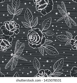 Vector Floral seamless pattern with ink hand drawn roses and dragonflies for your design on on a dark striped background