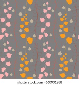 Vector floral seamless pattern with ivy twigs. Simple hand drawn leaves outlines in vertical rows.
