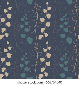 Vector floral seamless pattern with ivy twigs. Simple hand drawn leaves outlines in vertical rows.