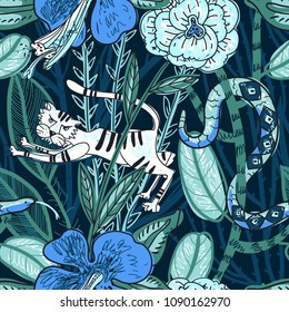 vector floral seamless pattern with jungles, tropical flowers and dangerous animals