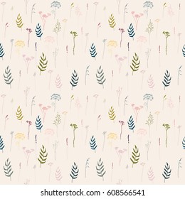 Vector floral seamless pattern with lavender, fennel and other wild meadow  grasses , herbs and flowers outlines . Thin lines plants in pastel colors on beige background.
