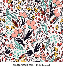 Vector floral seamless pattern with leaves and fantasy flowers.