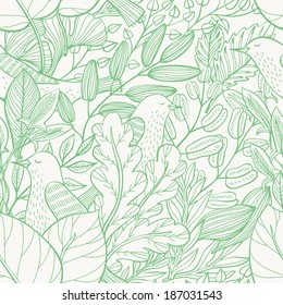 vector floral seamless pattern with leaves and birds