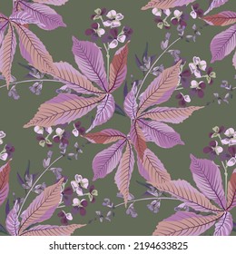Vector floral seamless pattern with leaves and small flowers on a khaki colored background. Floral illustration for decorating surfaces, wallpapers, cards and more.