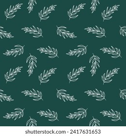 Vector floral seamless pattern with leaves line art. Green background with white leaves pattern. Ideal for textile design, wallpaper, wrapping, covers, cards, invitations and posters