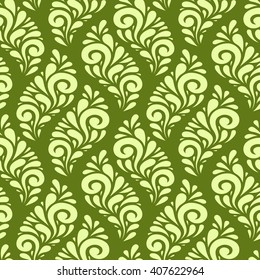 Vector floral seamless pattern with leaves. Green background with swirl and drop shapes. Decorative illustration for print, web