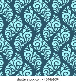 Vector floral seamless pattern with leaves. Blue background with swirl and drop shapes. Decorative illustration for print, web