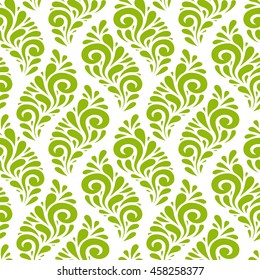 Vector floral seamless pattern with leaves. Green background with swirl and drop shapes. Decorative illustration for print, web