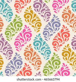 Vector floral seamless pattern with leaves. Color background with swirl and drop shapes. Decorative illustration for print, web