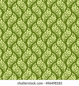 Vector floral seamless pattern with leaves. Green background with swirl and drop shapes. Decorative illustration for print, web