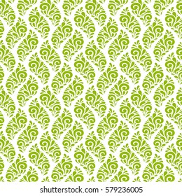 Vector floral seamless pattern with leaves. Green background with swirl and drop shapes. Decorative illustration for print, web