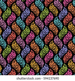 Vector floral seamless pattern with leaves. Color background with swirl and drop shapes. Decorative dark illustration for print, web