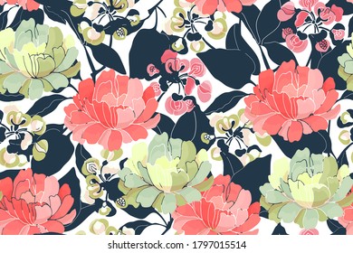 Vector floral seamless pattern. Light red and yellow flowers, navy blue branches and leaves isolated on white background.