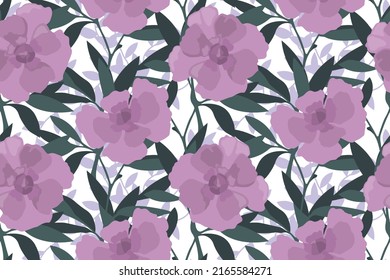 Vector floral seamless pattern. Lilac flowers with green twigs and leaves on a white background. Floral design for decorating surfaces, wallpapers, layouts, banners and more.