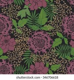 Vector floral seamless pattern with lilac hand drawn flowers, leaves and branches. 
