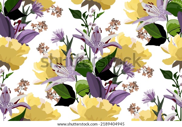 Vector floral seamless pattern with lilac lilies. Purple, yellow and coffee-colored flowers and green leaves on a white background. Floral design for decorating surfaces, wallpapers, cards and more. 