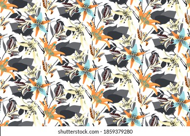 Vector floral seamless pattern with lilies. Flower background. Orange, blue, yellow flowers, gray leaves isolated on white background.