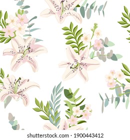 vector floral seamless pattern with lily flowers at white background, hand drawn illustration