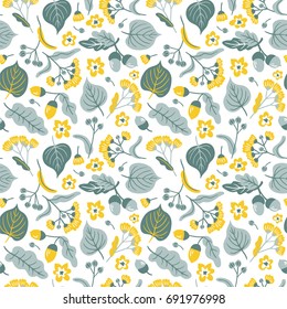 Vector floral seamless pattern with linden flowers. Hand drawn eco design for fabric and wrap paper.