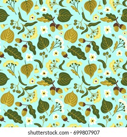 Vector floral seamless pattern with linden flowers. Hand drawn eco design for fabric and wrap paper.