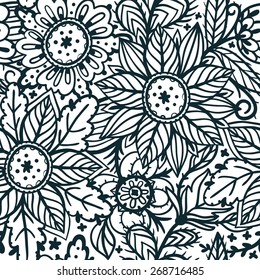 vector floral seamless pattern with linear fantasy flowers