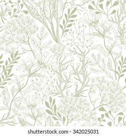  vector floral seamless pattern with linear plants and herbs