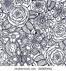 vector floral seamless pattern with linear hand drawn abstract flowers