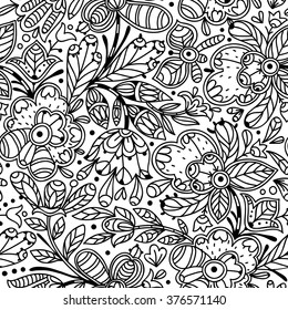 vector floral seamless pattern with linear abstract flowers. Can be used as a coloring book template.