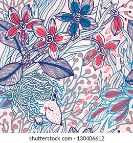 vector floral seamless pattern with a little mouse and blooming flowers