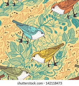 vector floral seamless pattern with little colored birds