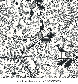 vector floral seamless pattern with little  black peacocks
