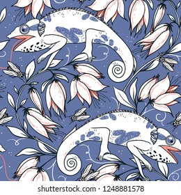 vector floral seamless pattern with lizards and blooms 
