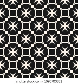 Vector floral seamless pattern. Luxury geometric background with flower shapes, rounded grid, lattice, crosses, stars, repeat tiles. Dark abstract ornamental texture. Elegant black and white design