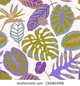 Vector floral seamless pattern made of tropical Monstera leaves, Flamingo flower and exotic foliage. Palm leaves isolated on white. Backdrop for wallpaper, fabric, textile, texture,wrapper or surface.