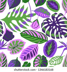 Vector floral seamless pattern made of tropical Monstera leaves, Flamingo flower and exotic foliage. Palm leaves isolated on white. Backdrop for wallpaper, fabric, textile, texture,wrapper or surface.