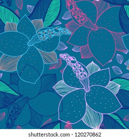 vector floral seamless pattern with magnolia on a bright blue background