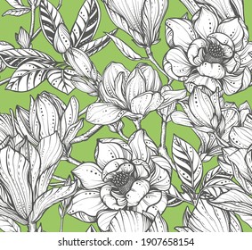 Vector floral seamless pattern of magnolia flowers and branches. Romantic elegant endless background