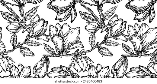 Vector floral seamless pattern of magnolia branches. Romantic elegant endless background