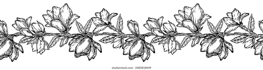 Vector floral seamless pattern of magnolia branches. Romantic elegant endless background
