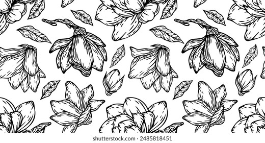 Vector floral seamless pattern of magnolia branches. Romantic elegant endless background