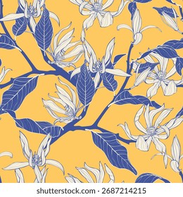 Vector floral seamless pattern of magnolia branches and flowers. Romantic elegant endless background.