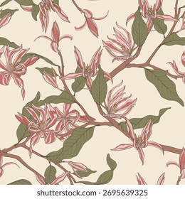 Vector floral sin patrón de ramas de magnolia y flores. Fondo sin fin elegante romántico.