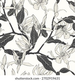 Vector floral sin patrón de ramas de magnolia y flores. Fondo de línea simple elegante romántico.