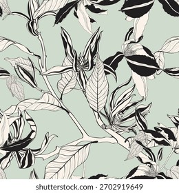 Vector floral sin patrón de ramas de magnolia y flores. Fondo de línea simple elegante romántico.
