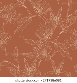 Vector floral seamless pattern of magnolia branches and flowers. Romantic elegant simple line background.