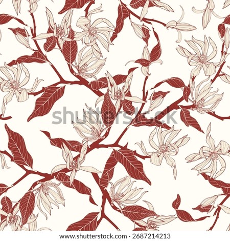 Vector floral seamless pattern of magnolia branches and flowers. Romantic elegant endless background.