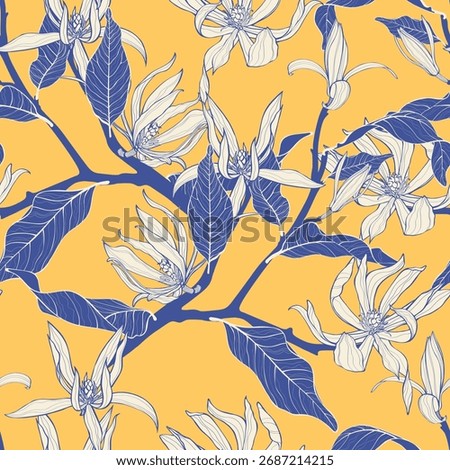 Vector floral seamless pattern of magnolia branches and flowers. Romantic elegant endless background.